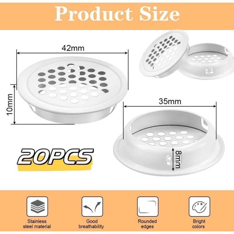 20x Round Air Vent Grilles 35mm White for Cabinets Cupboards Wardrobe