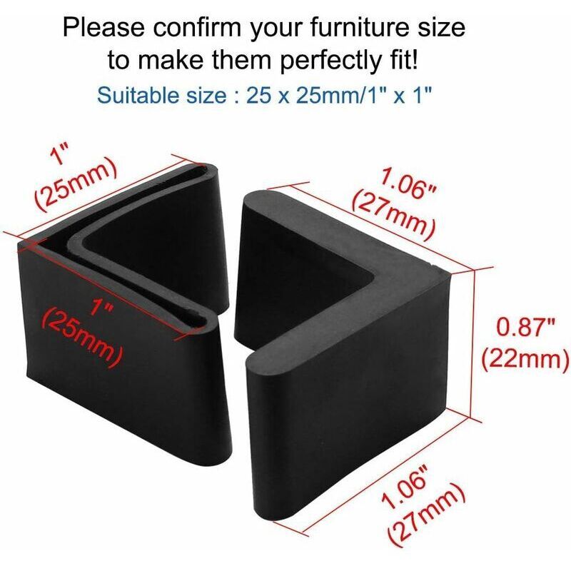 12x L-Shape Rubber Chair Leg Caps 25x25mm Iron Foot Floor Protectors
