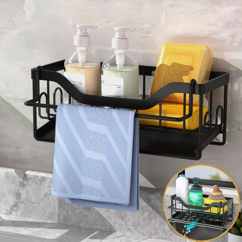 Wall Mounted Kitchen Sink Tea Towel Holder with Drain Tray Black