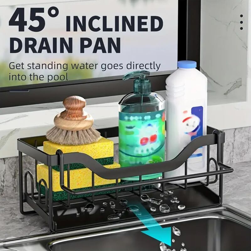 Wall Mounted Kitchen Sink Tea Towel Holder with Drain Tray Black
