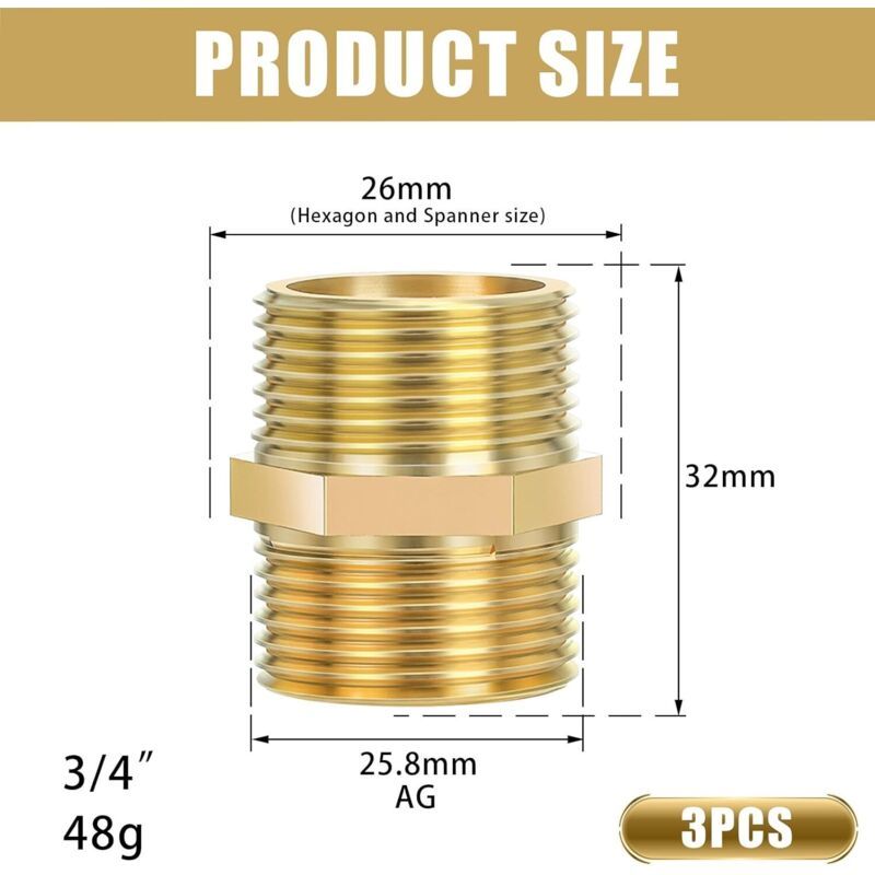 3x Brass Hex Double Nipple Fittings 3/4in BSP Rust-Proof Drinking Water Safe