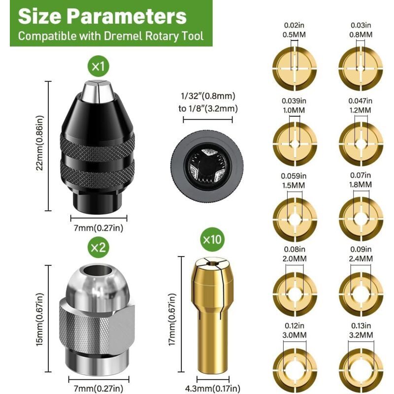 15x Collet Chuck Set for Dremel Rotary Tool Drill 0.125in Shank