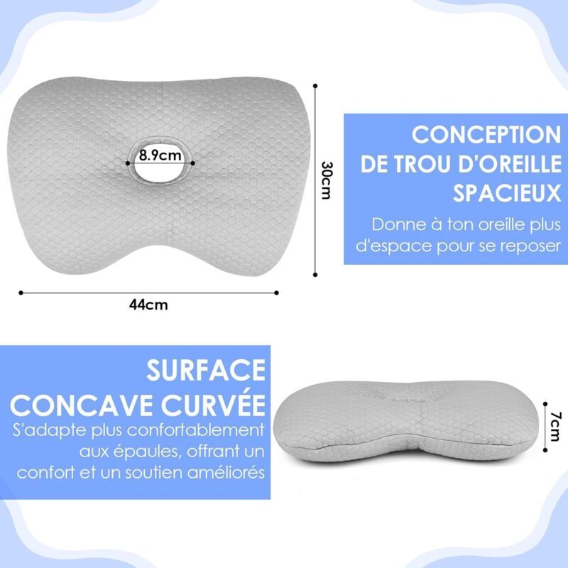 Ear Piercing Pillow with Hole and Zip Side Sleeper Pain Relief 8.9cm Grey