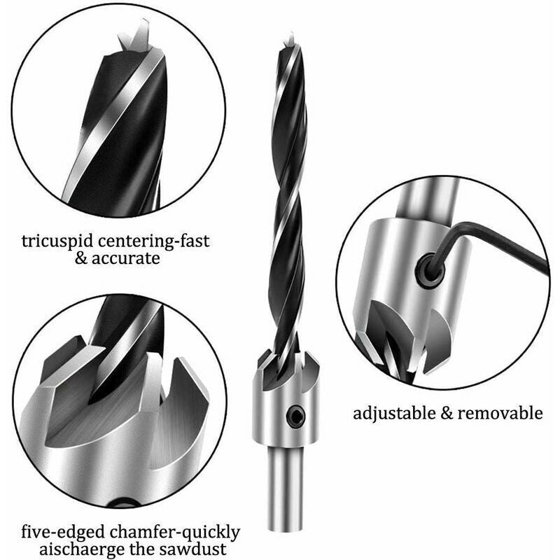 8x Countersink Wood Drill Bits with Depth Stop 10mm Set