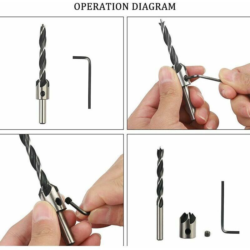 8x Countersink Wood Drill Bits with Depth Stop 10mm Set