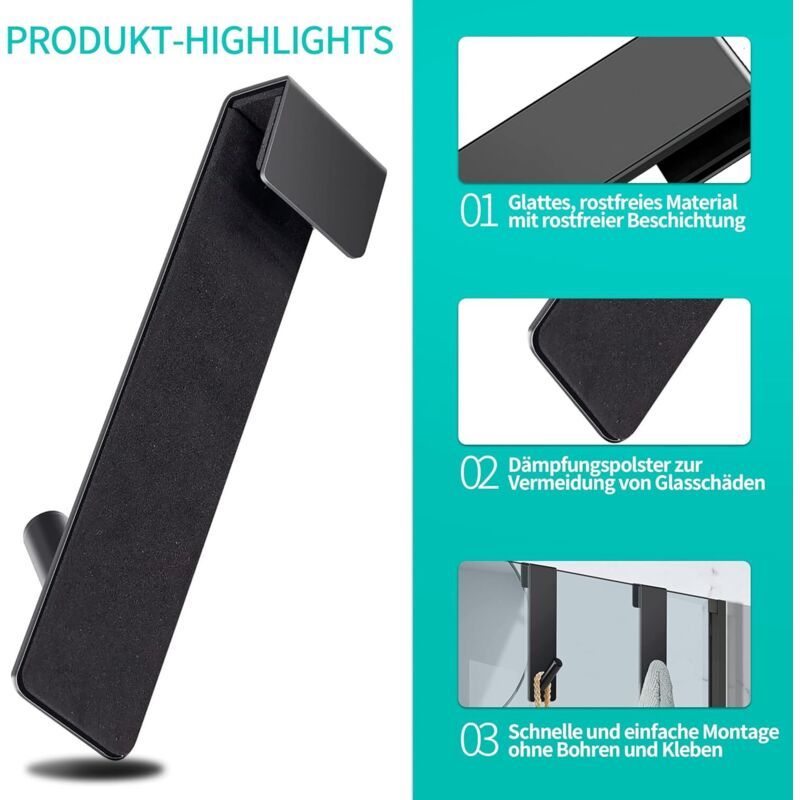 4x Stainless Steel Shower Door Hooks for Glass Panels No Drilling Black