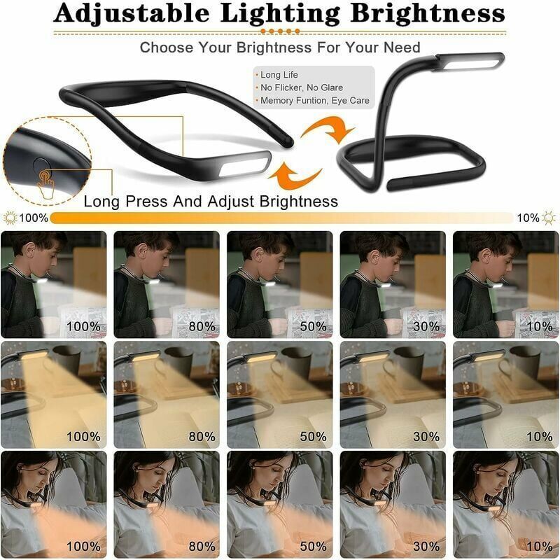 LED Neck Reading Light Rechargeable Flexible Arms 3 Colours Adjustable