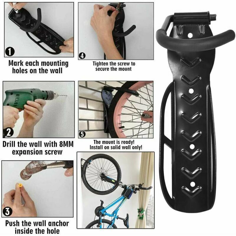 Wall Mounted Bike Storage Rack Hook Hanger for Garage Black with Fittings