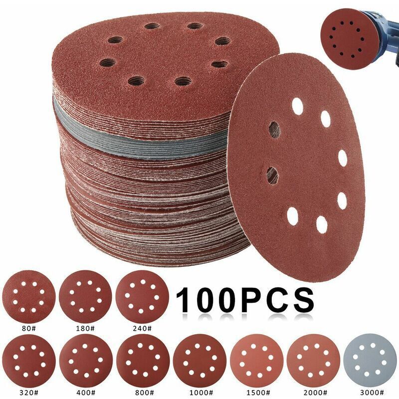 100x Sanding Discs 125mm Mixed Grit 80-2000 Hook and Loop Sandpaper 5in