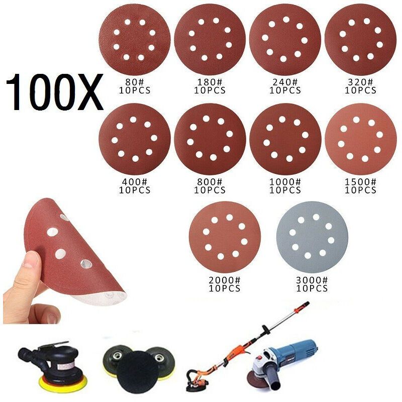 100x Sanding Discs 125mm Mixed Grit 80-2000 Hook and Loop Sandpaper 5in