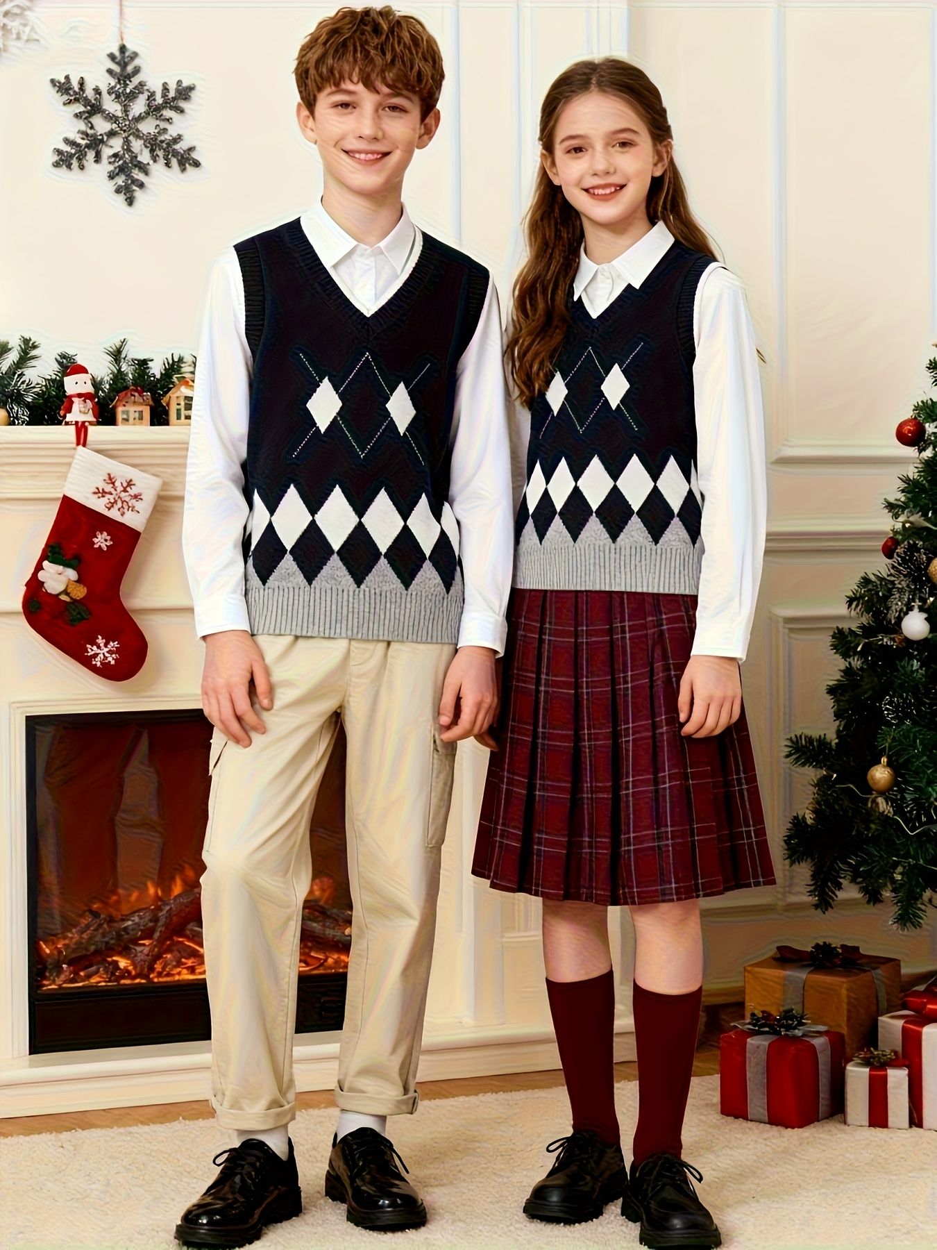BX0004-NAVY 100% Cotton Kids V-Neck Argyle Sweater Vest, Boys and Girls School Uniform Knitwear, Navy Blue, Size 110