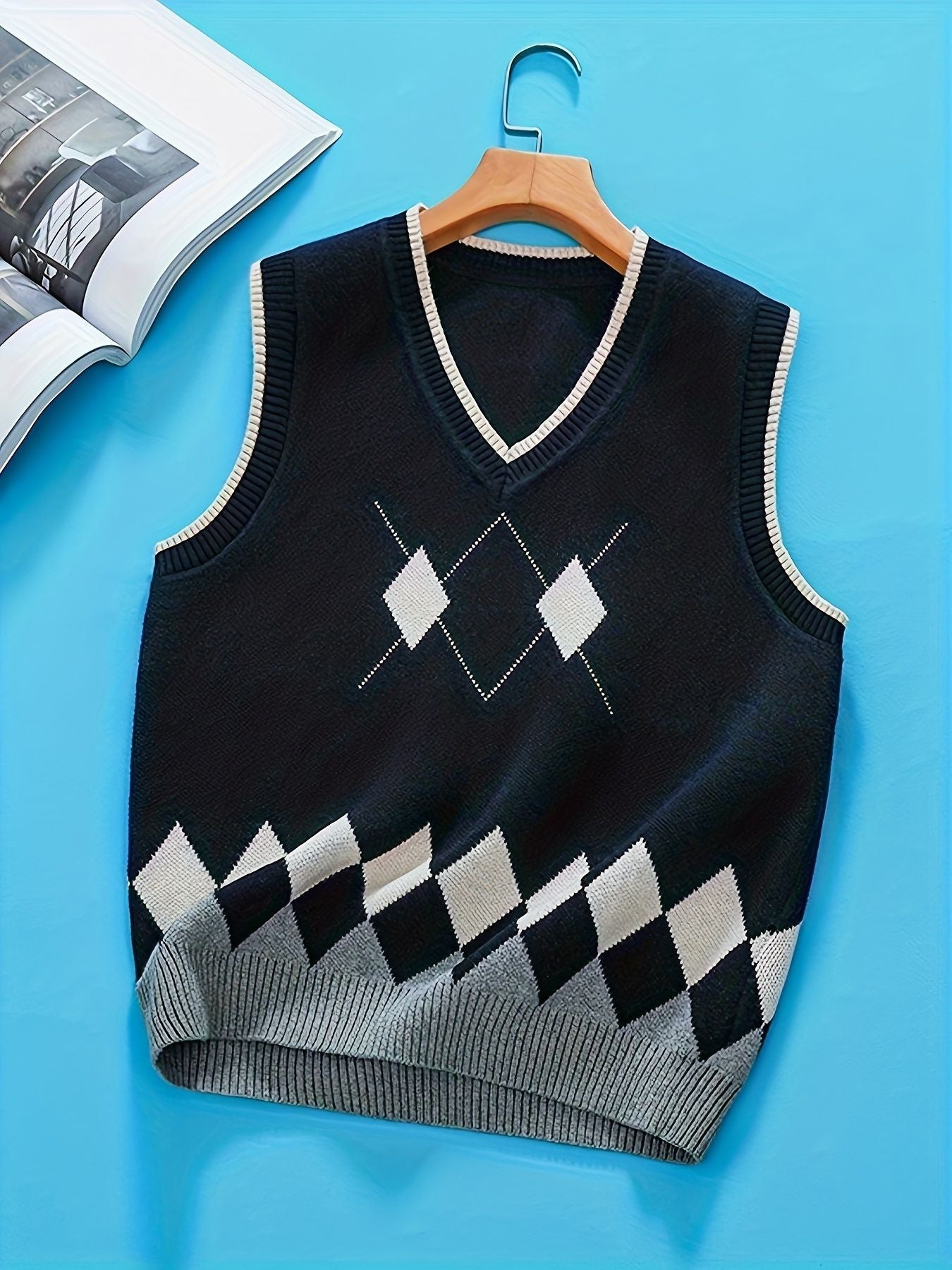 BX0004-NAVY 100% Cotton Kids V-Neck Argyle Sweater Vest, Boys and Girls School Uniform Knitwear, Navy Blue, Size 110