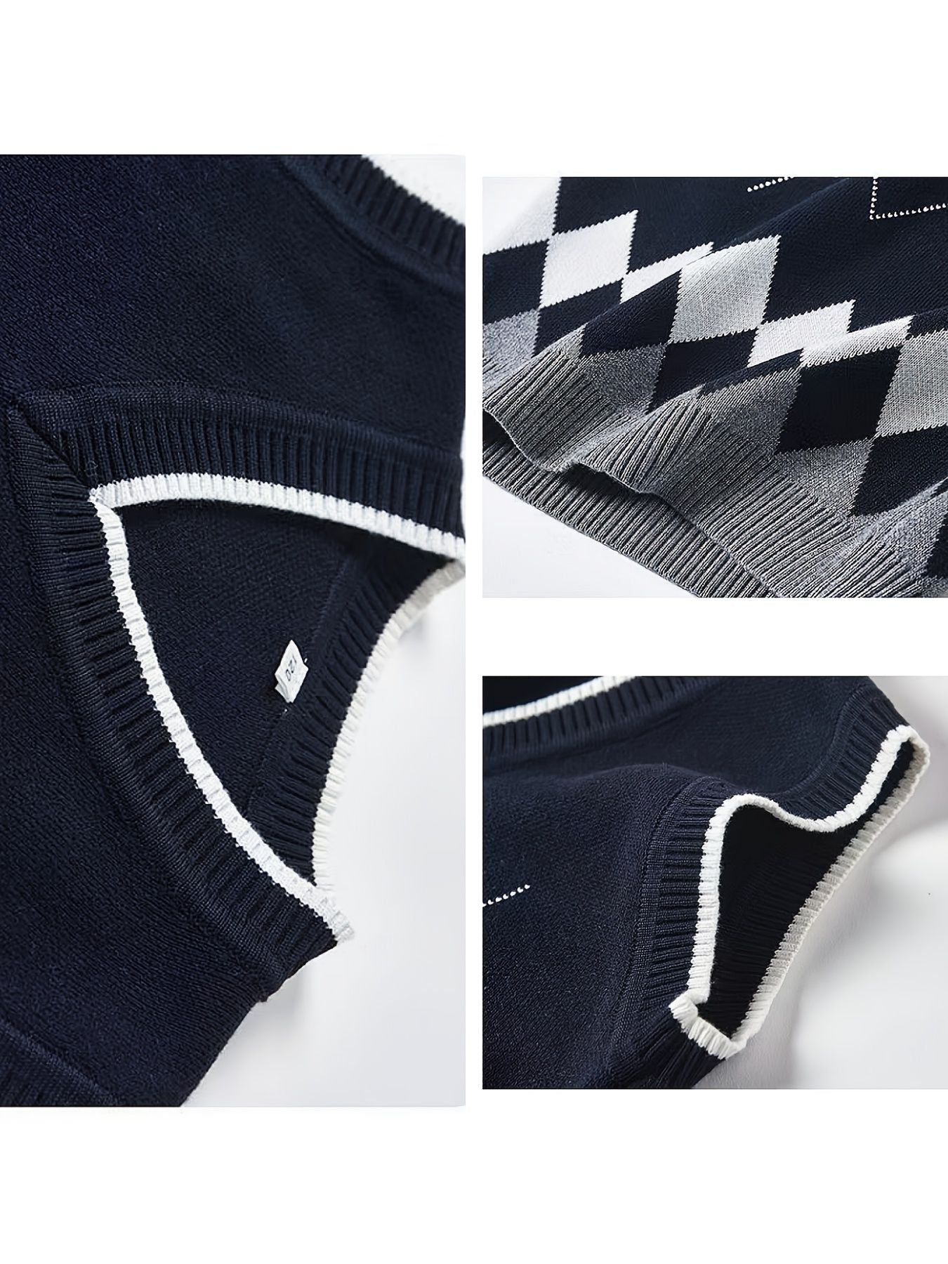 BX0004-NAVY 100% Cotton Kids V-Neck Argyle Sweater Vest, Boys and Girls School Uniform Knitwear, Navy Blue, Size 110