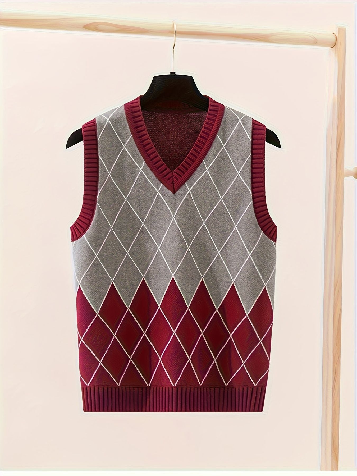 BX0007-WINE 100% Cotton Kids V-Neck Argyle Sweater Vest, Boys and Girls School Uniform Knitwear, Wine Red, Size 110