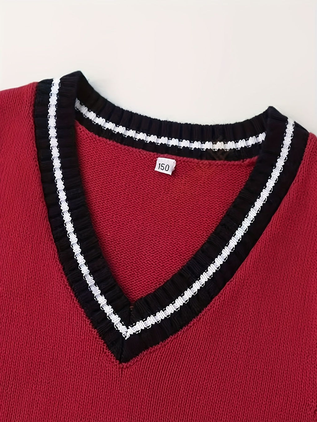 BX0011-DARK 100% Cotton Kids V-Neck Striped Sweater Vest, Boys and Girls Knitwear, Dark Red, Size 120