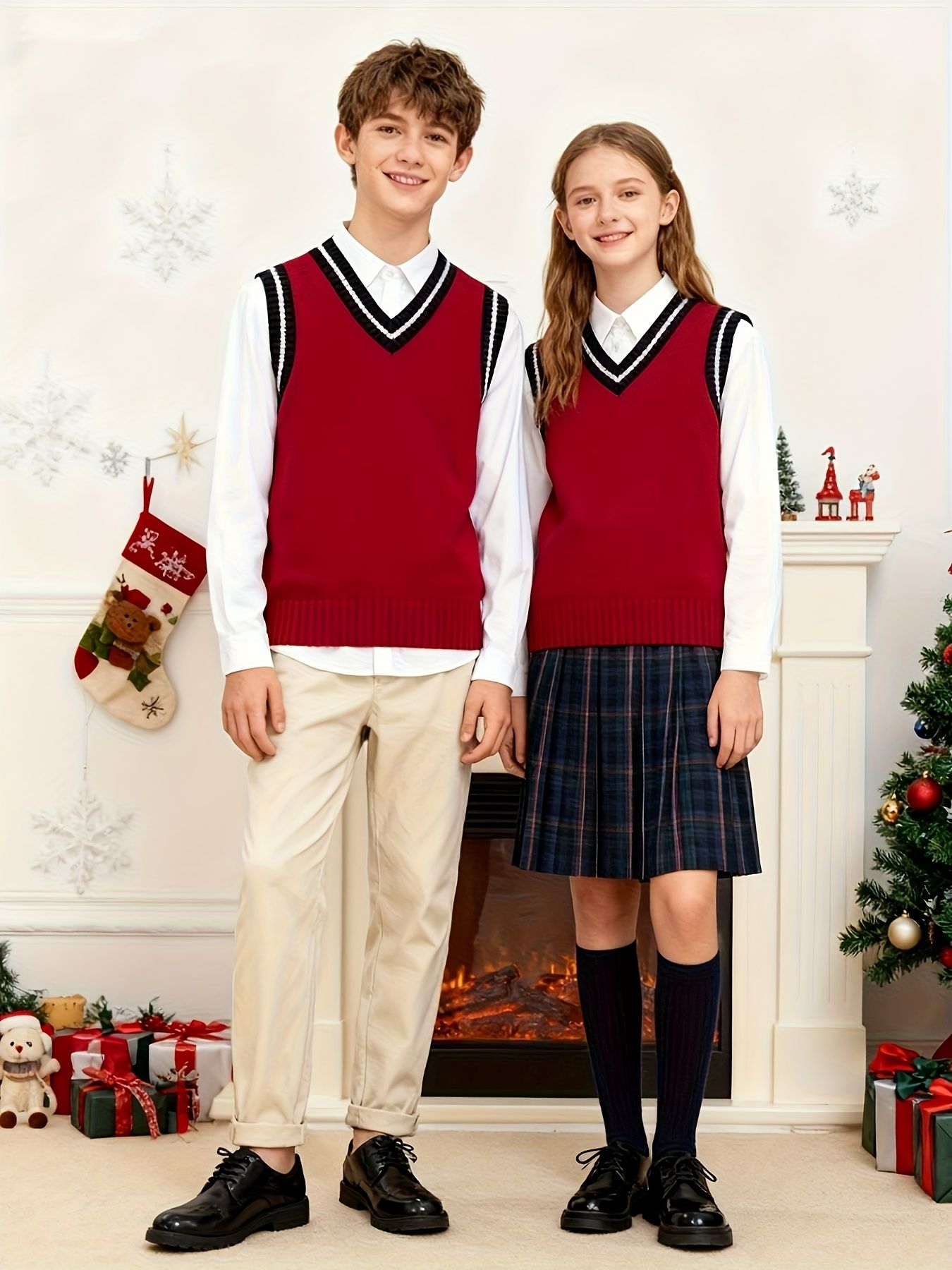 BX0011-DARK 100% Cotton Kids V-Neck Striped Sweater Vest, Boys and Girls Knitwear, Dark Red, Size 130
