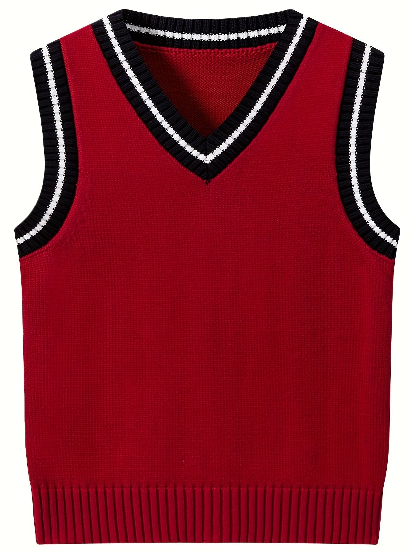 BX0011-DARK 100% Cotton Kids V-Neck Striped Sweater Vest, Boys and Girls Knitwear, Dark Red, Size 150