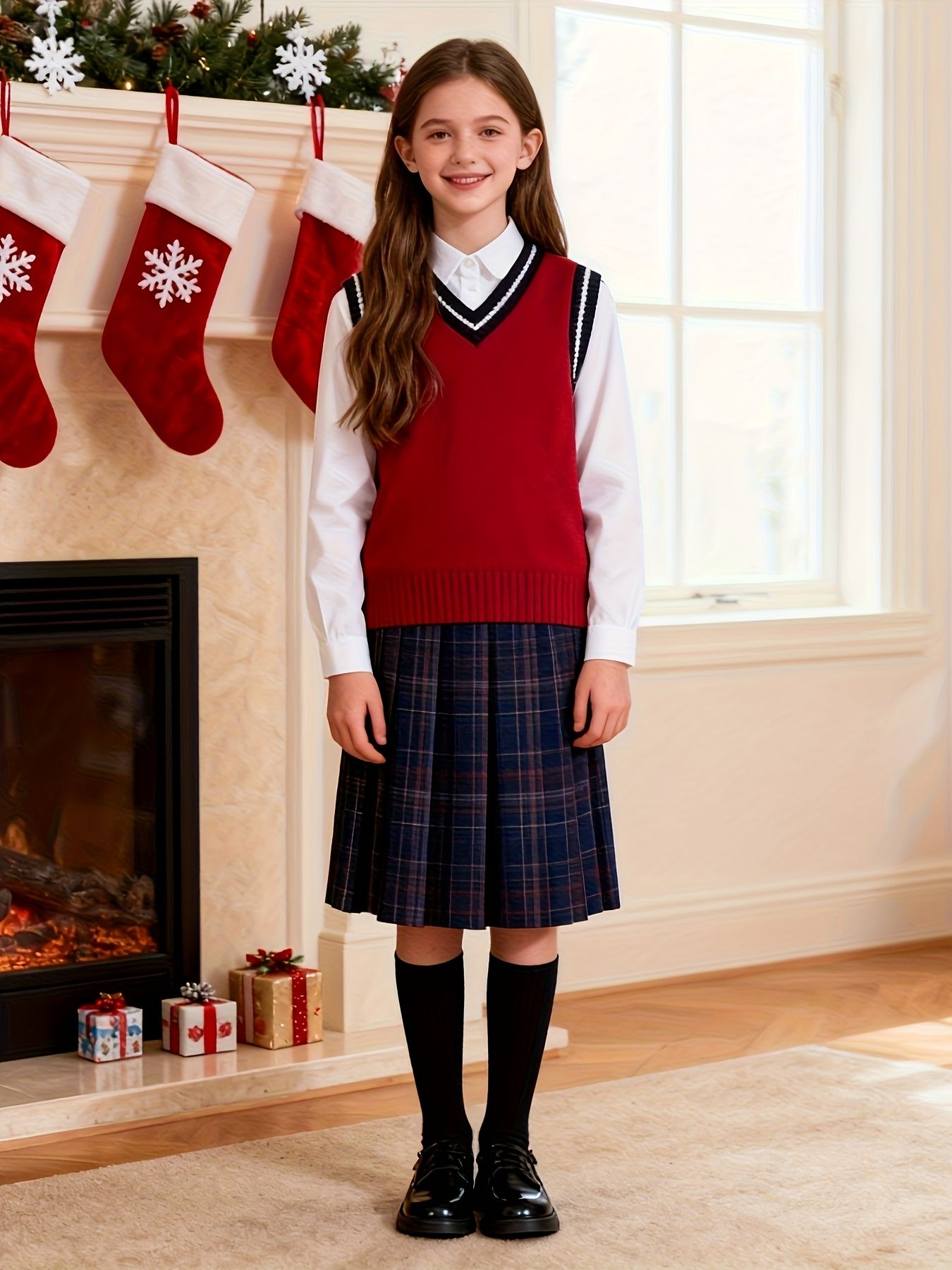 BX0011-DARK 100% Cotton Kids V-Neck Striped Sweater Vest, Boys and Girls Knitwear, Dark Red, Size 150