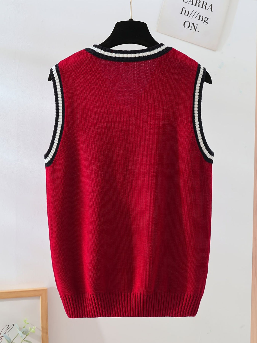 BX0011-DARK 100% Cotton Kids V-Neck Striped Sweater Vest, Boys and Girls Knitwear, Dark Red, Size 160