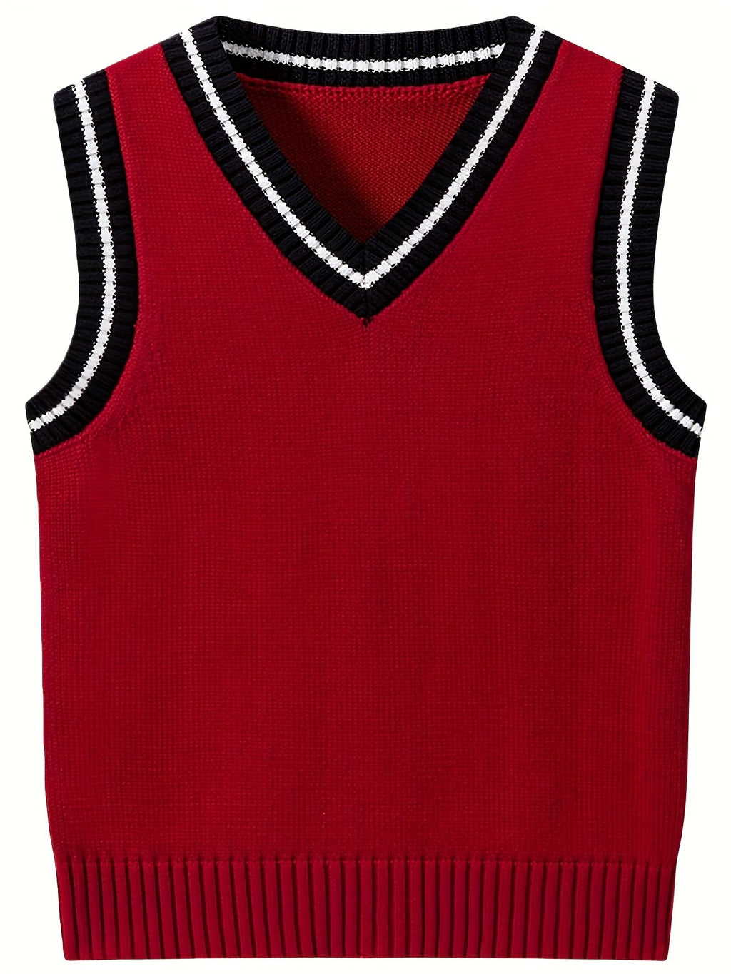 BX0011-DARK 100% Cotton Kids V-Neck Striped Sweater Vest, Boys and Girls Knitwear, Dark Red, Size 170