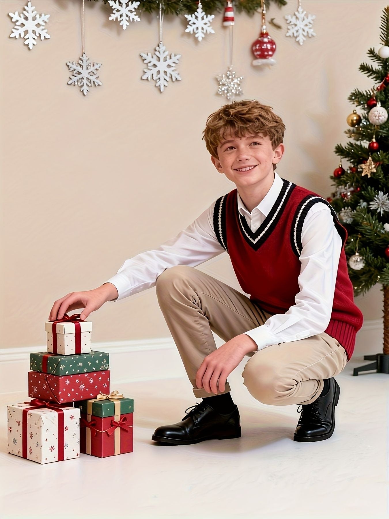 BX0011-DARK 100% Cotton Kids V-Neck Striped Sweater Vest, Boys and Girls Knitwear, Dark Red, Size 170