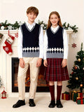 BX0012-NAVY 100% Cotton Kids V-Neck Argyle Sweater Vest, Boys and Girls Knitwear, Navy Blue, Size 120