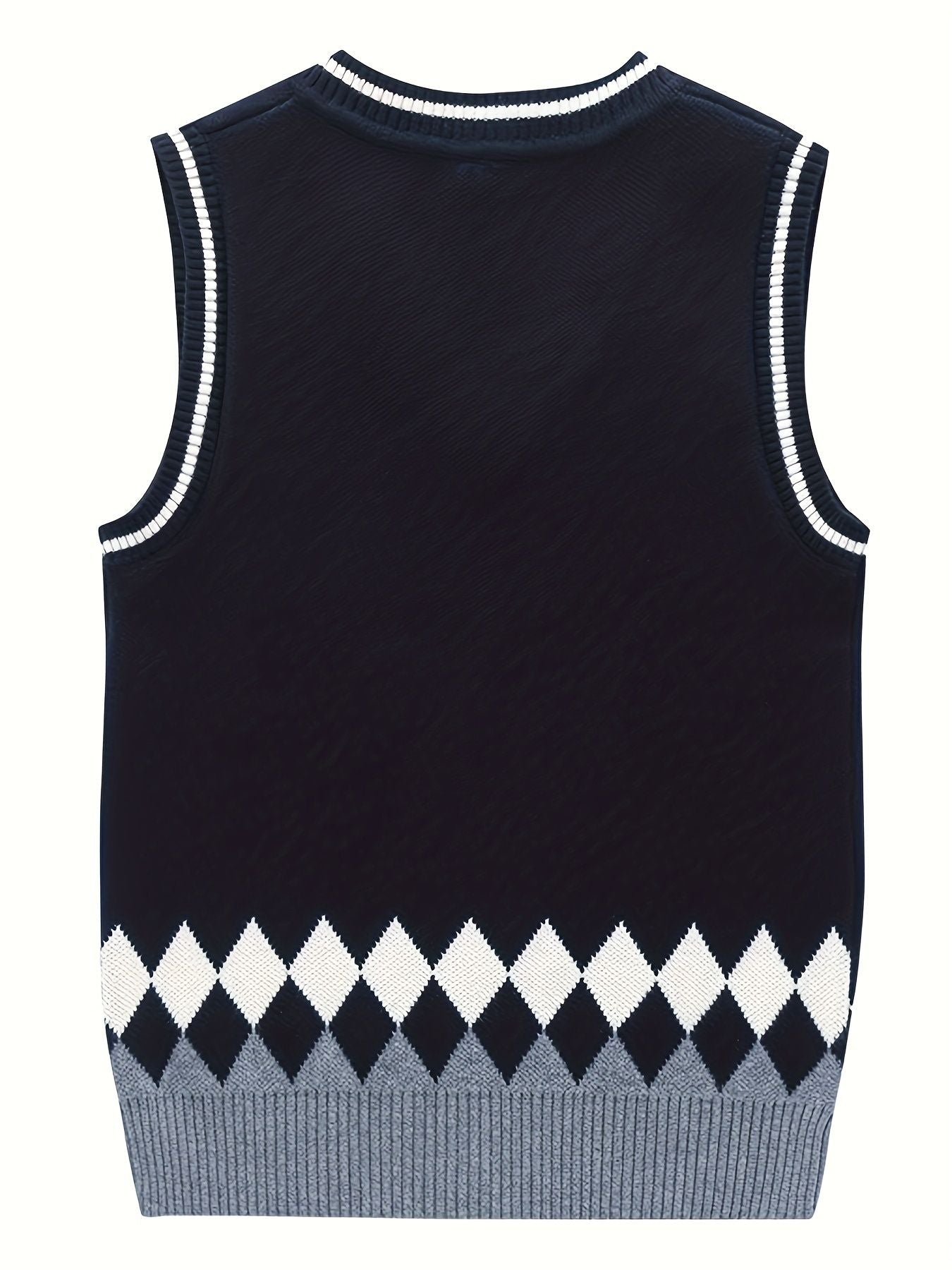 BX0012-NAVY 100% Cotton Kids V-Neck Argyle Sweater Vest, Boys and Girls Knitwear, Navy Blue, Size 140