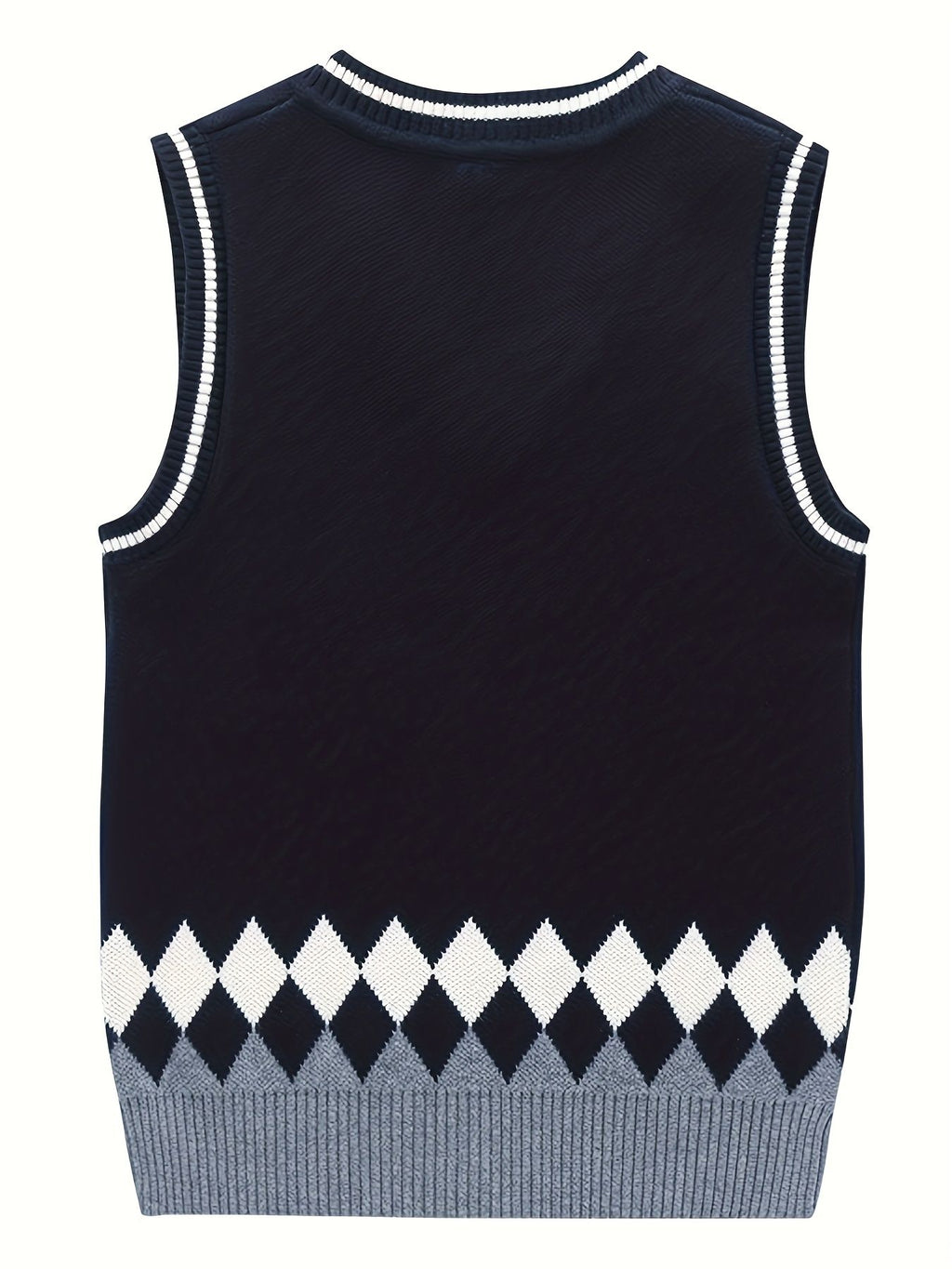 BX0012-NAVY 100% Cotton Kids V-Neck Argyle Sweater Vest, Boys and Girls Knitwear, Navy Blue, Size 150