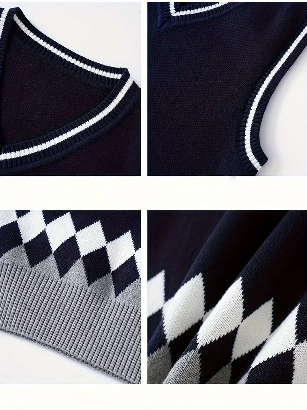 BX0012-NAVY 100% Cotton Kids V-Neck Argyle Sweater Vest, Boys and Girls Knitwear, Navy Blue, Size 150