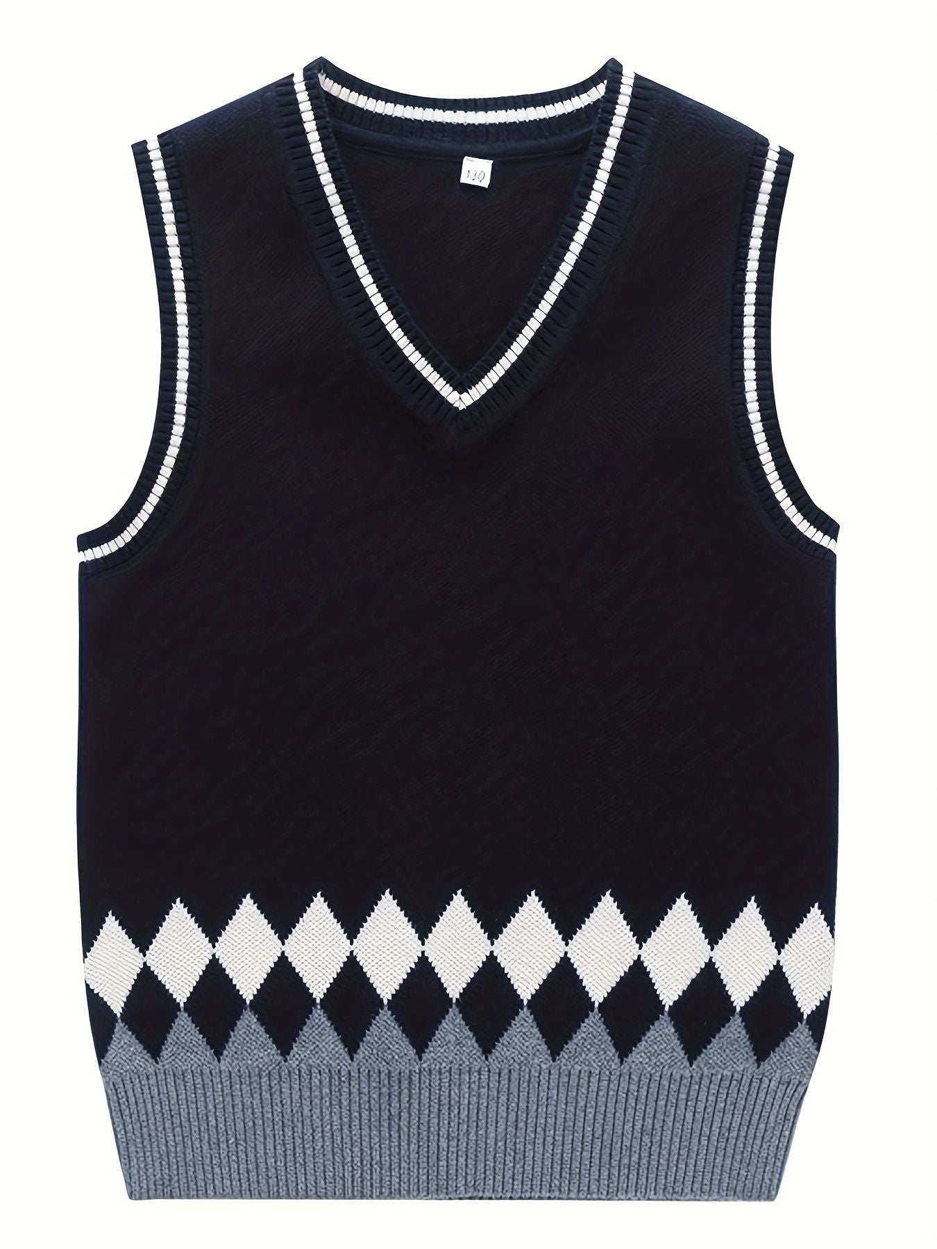 BX0012-NAVY 100% Cotton Kids V-Neck Argyle Sweater Vest, Boys and Girls Knitwear, Navy Blue, Size 160