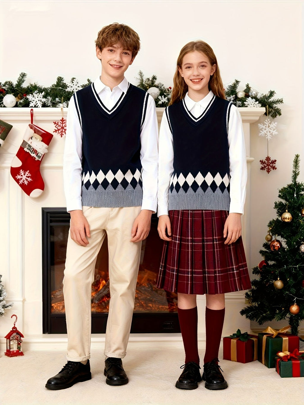 BX0012-NAVY 100% Cotton Kids V-Neck Argyle Sweater Vest, Boys and Girls Knitwear, Navy Blue, Size 165