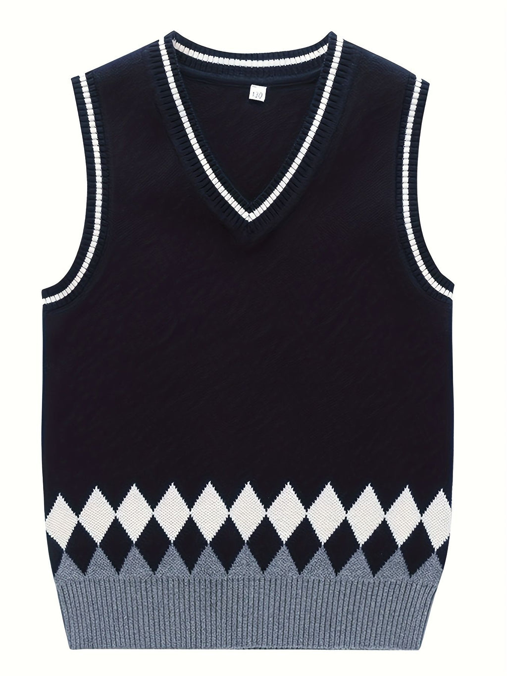 BX0012-NAVY 100% Cotton Kids V-Neck Argyle Sweater Vest, Boys and Girls Knitwear, Navy Blue, Size 170