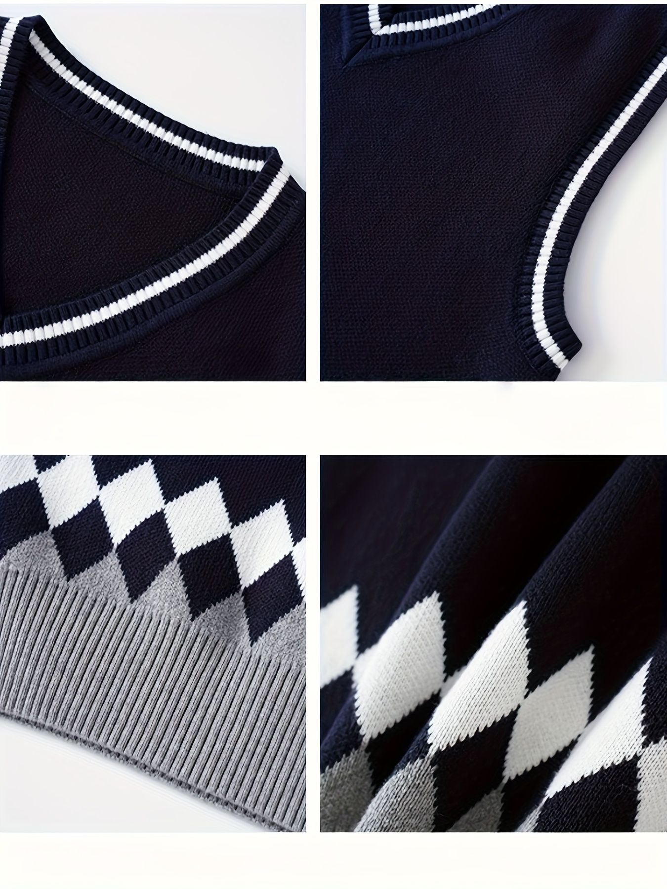 BX0012-NAVY 100% Cotton Kids V-Neck Argyle Sweater Vest, Boys and Girls Knitwear, Navy Blue, Size 170