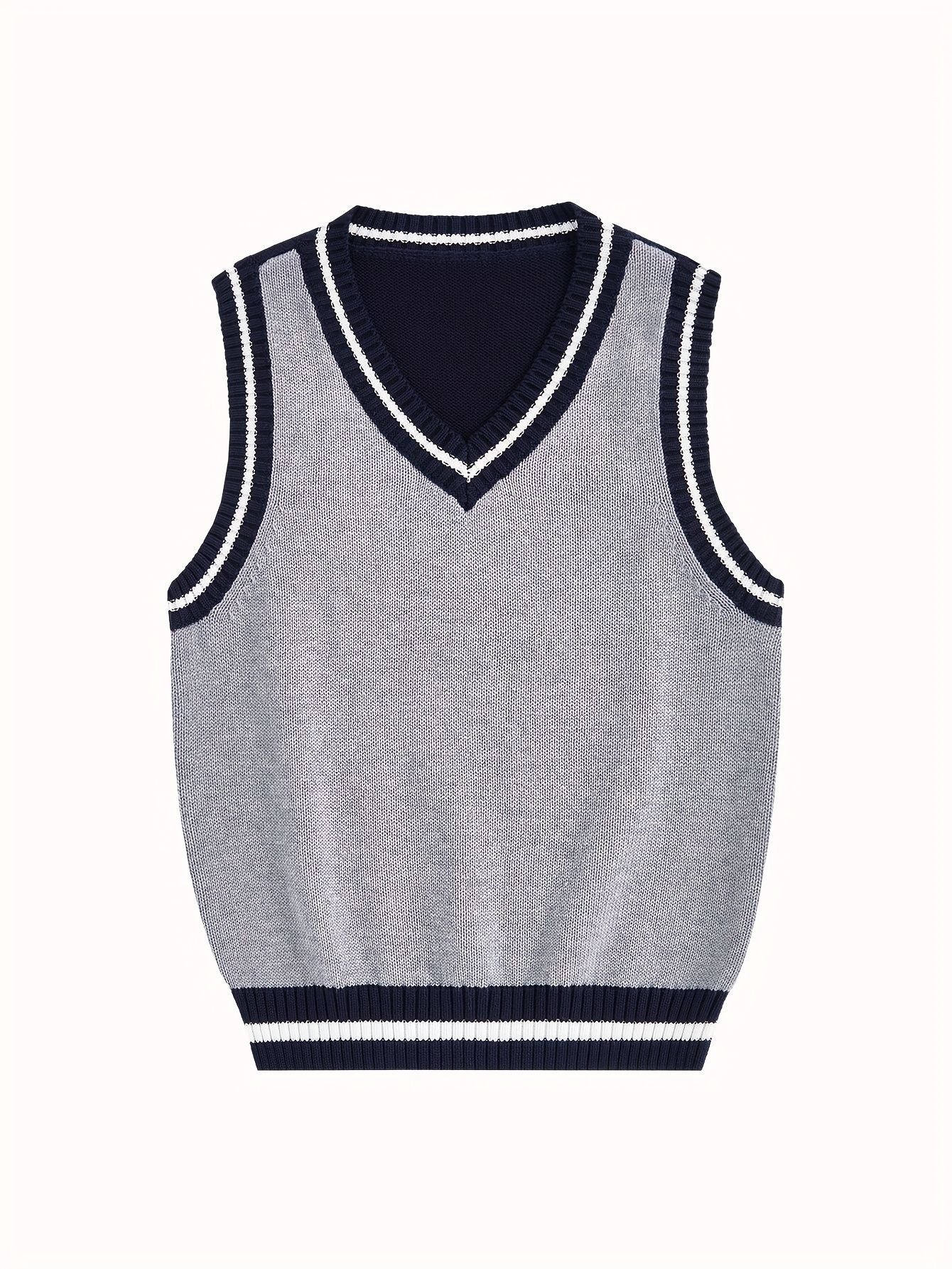 BX0013-LIGHT 100% Cotton Kids V-Neck Striped Sweater Vest, Boys and Girls Knitwear, Light Grey, Size 150