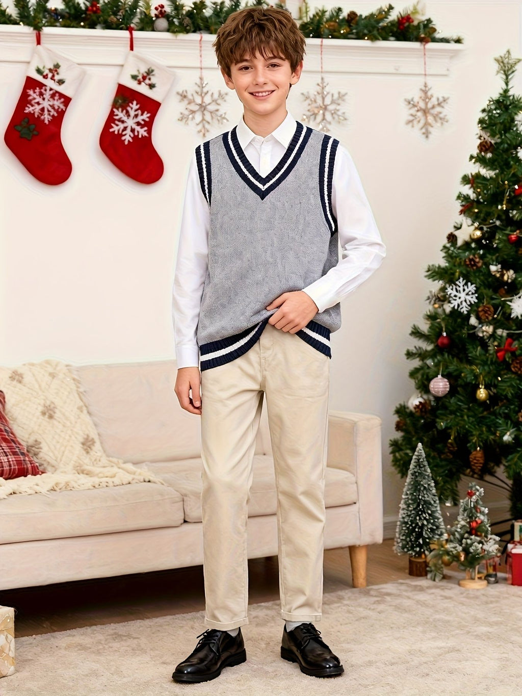 BX0013-LIGHT 100% Cotton Kids V-Neck Striped Sweater Vest, Boys and Girls Knitwear, Light Grey, Size 150