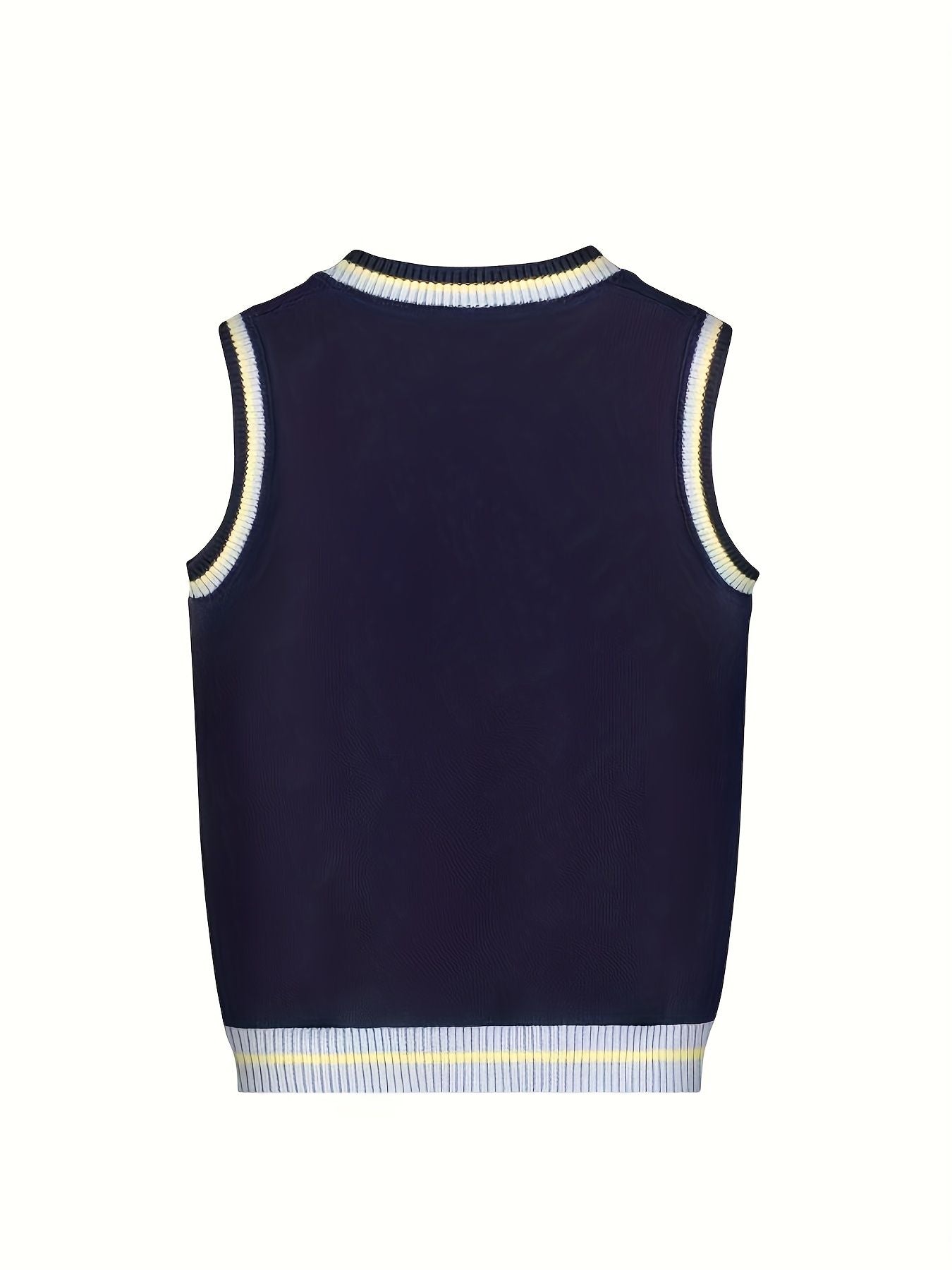 BX0026-NAVY 100% Cotton Kids V-Neck Striped Sweater Vest, Boys and Girls Knitwear, Navy Blue, Size 120