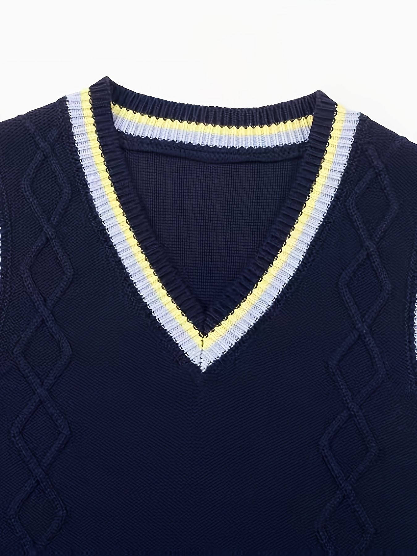 BX0026-NAVY 100% Cotton Kids V-Neck Striped Sweater Vest, Boys and Girls Knitwear, Navy Blue, Size 120