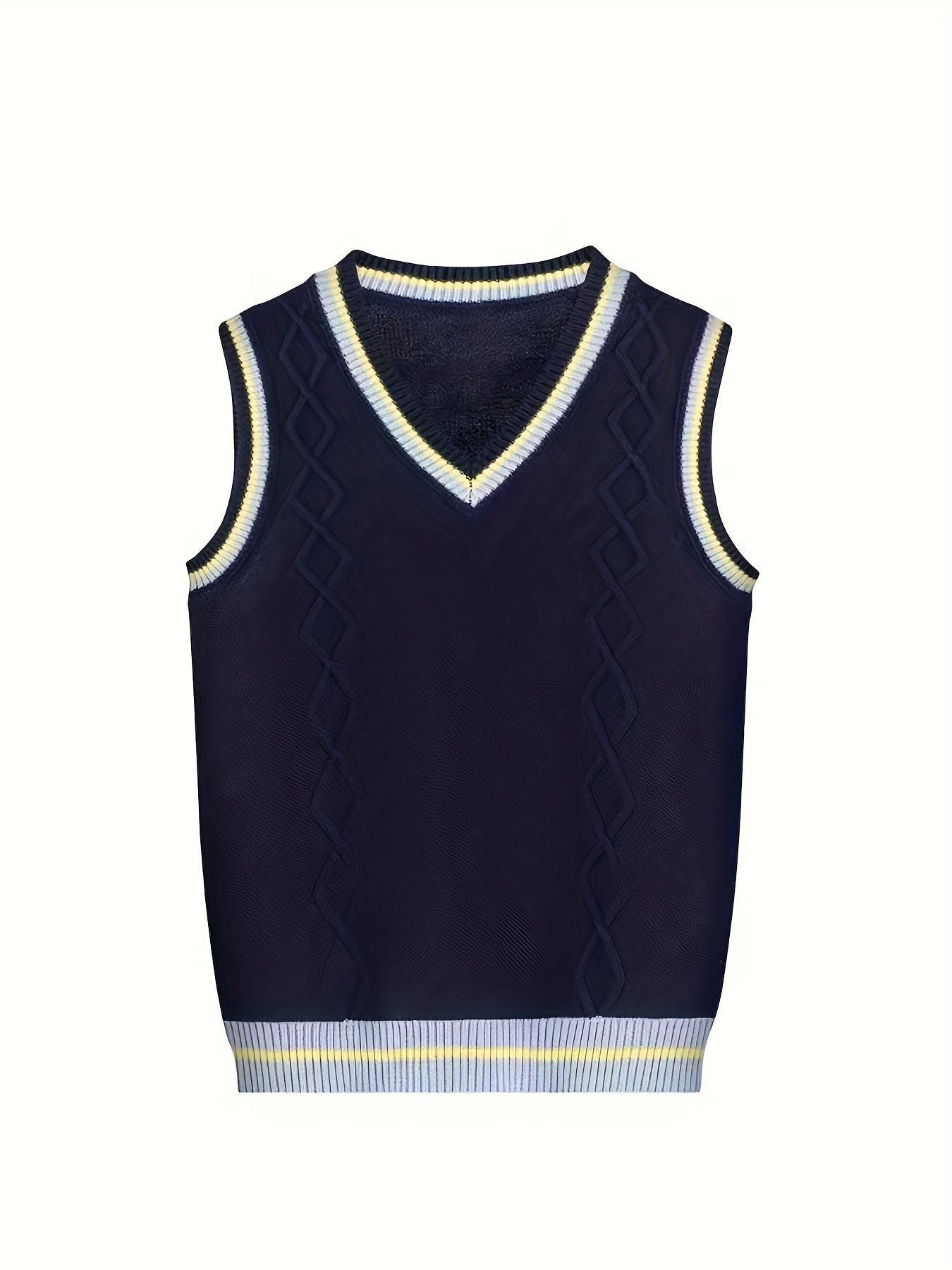 BX0026-NAVY 100% Cotton Kids V-Neck Striped Sweater Vest, Boys and Girls Knitwear, Navy Blue, Size 130
