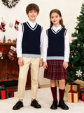 BX0026-NAVY 100% Cotton Kids V-Neck Striped Sweater Vest, Boys and Girls Knitwear, Navy Blue, Size 165