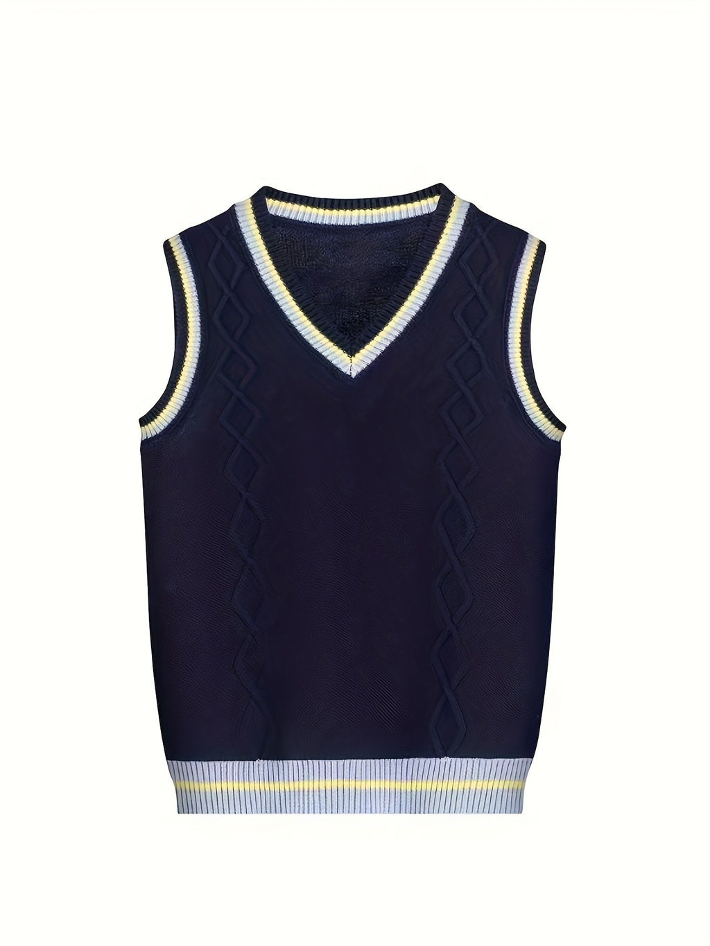 BX0026-NAVY 100% Cotton Kids V-Neck Striped Sweater Vest, Boys and Girls Knitwear, Navy Blue, Size 165