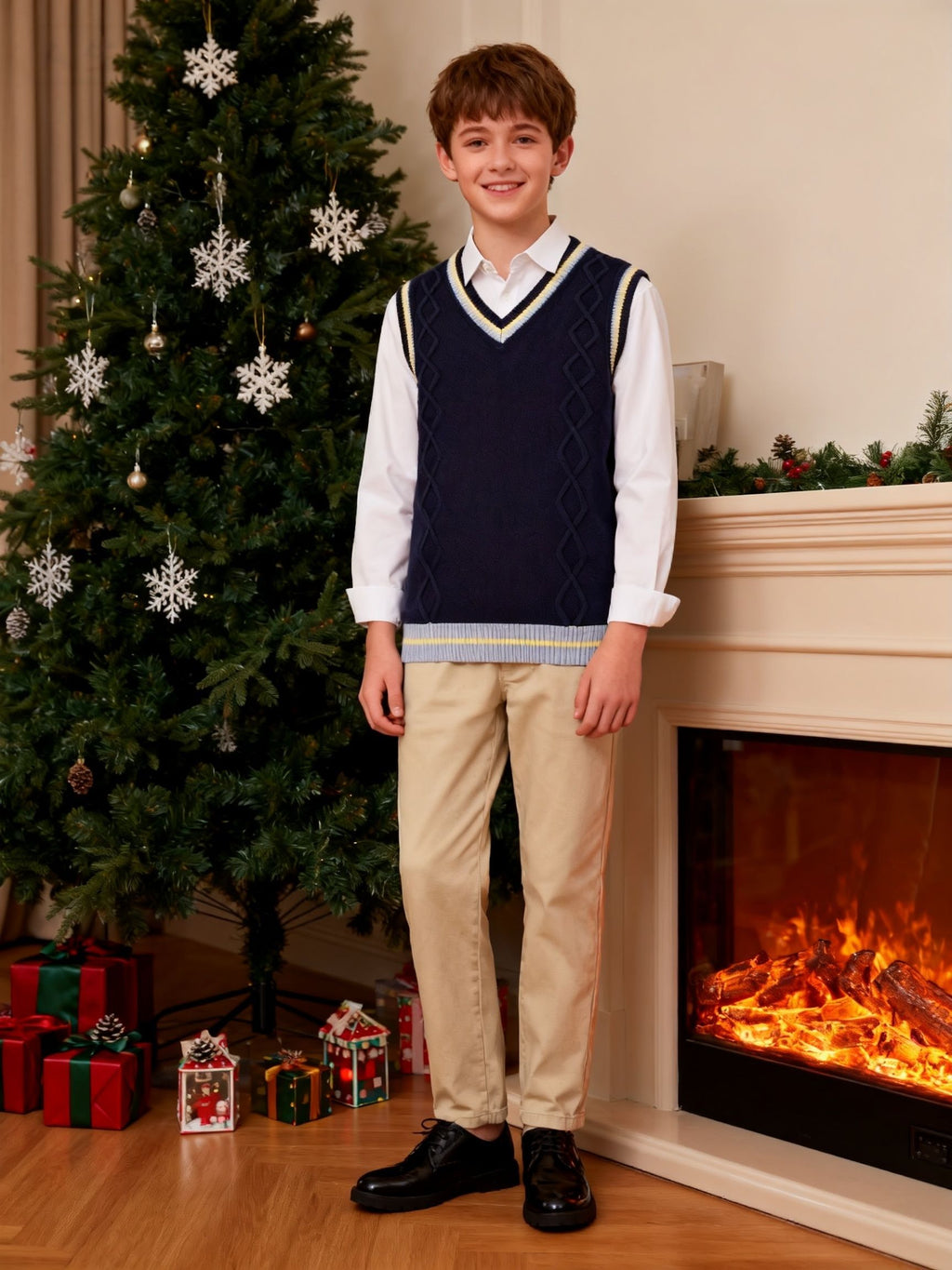 BX0026-NAVY 100% Cotton Kids V-Neck Striped Sweater Vest, Boys and Girls Knitwear, Navy Blue, Size 165