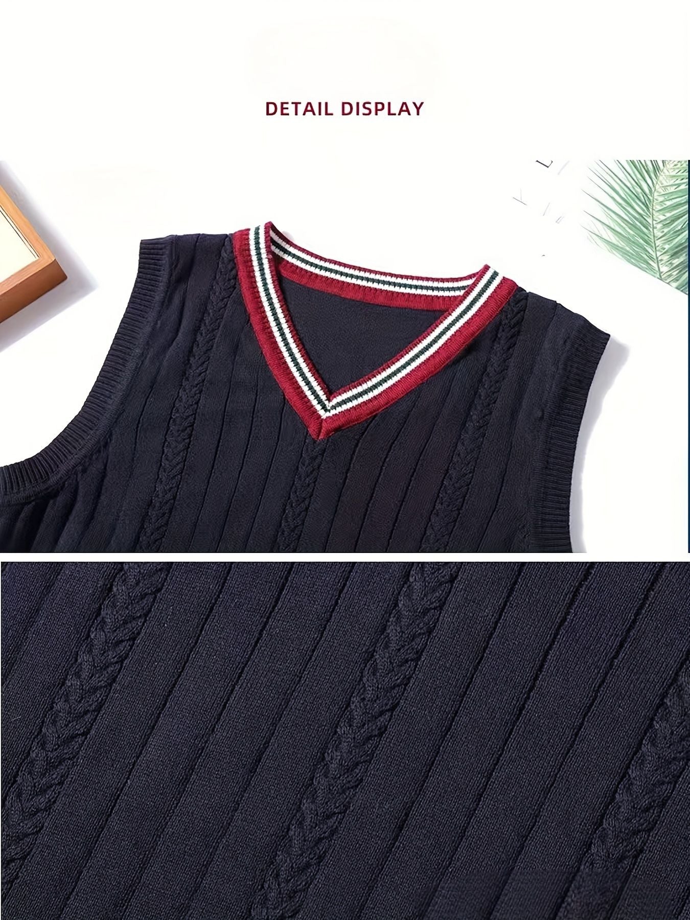 BX0037-NAVY 100% Cotton Kids V-Neck Striped Sweater Vest, Boys and Girls Knitwear, Navy Blue, Size 110