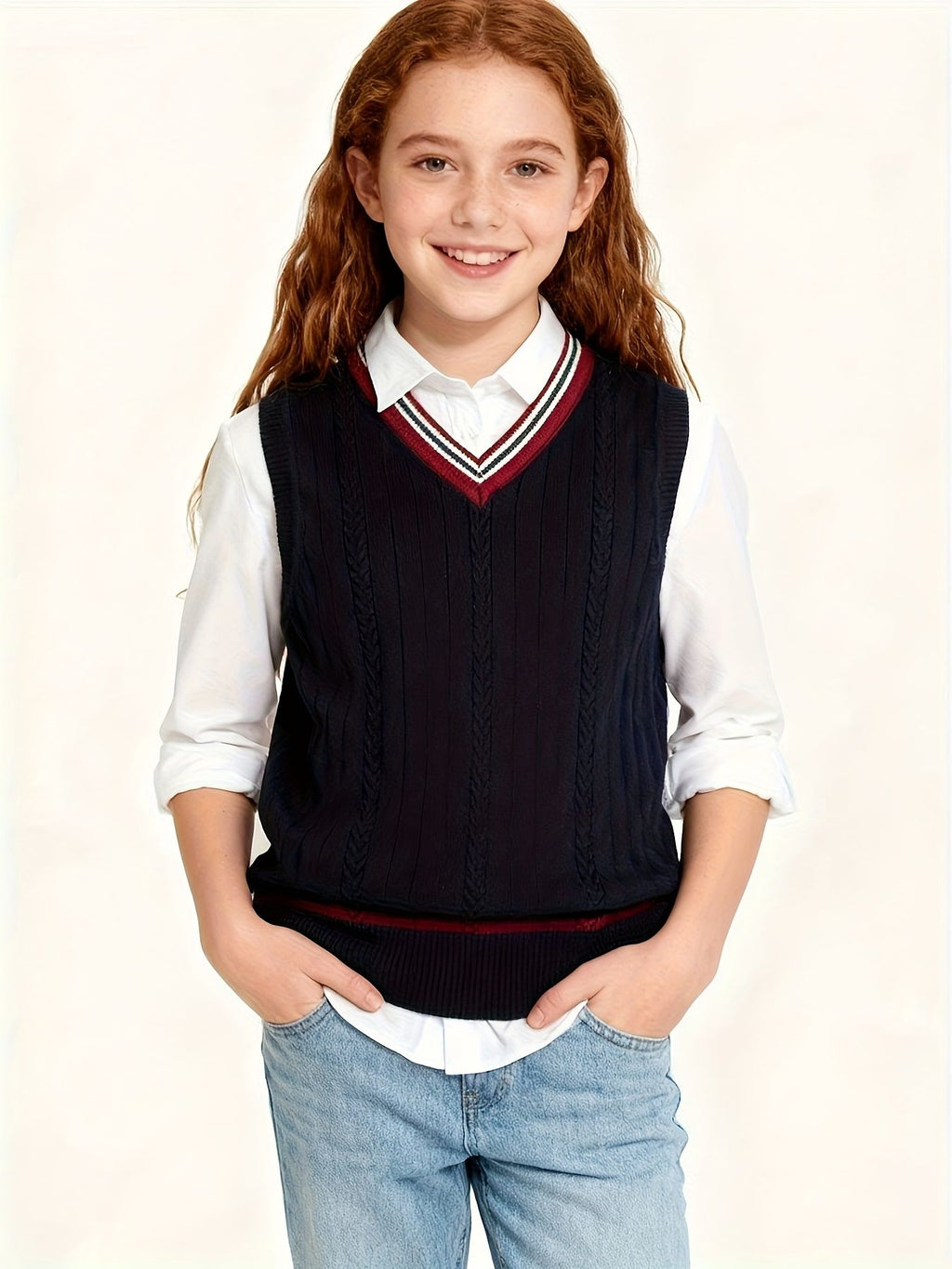 BX0037-NAVY 100% Cotton Kids V-Neck Striped Sweater Vest, Boys and Girls Knitwear, Navy Blue, Size 110