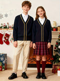 KS0007-NAVY 100% Cotton Kids V-Neck Long sleeve Button Cardigan, Boys and Girls School Uniform Knitwear, Navy Blue, Size 110