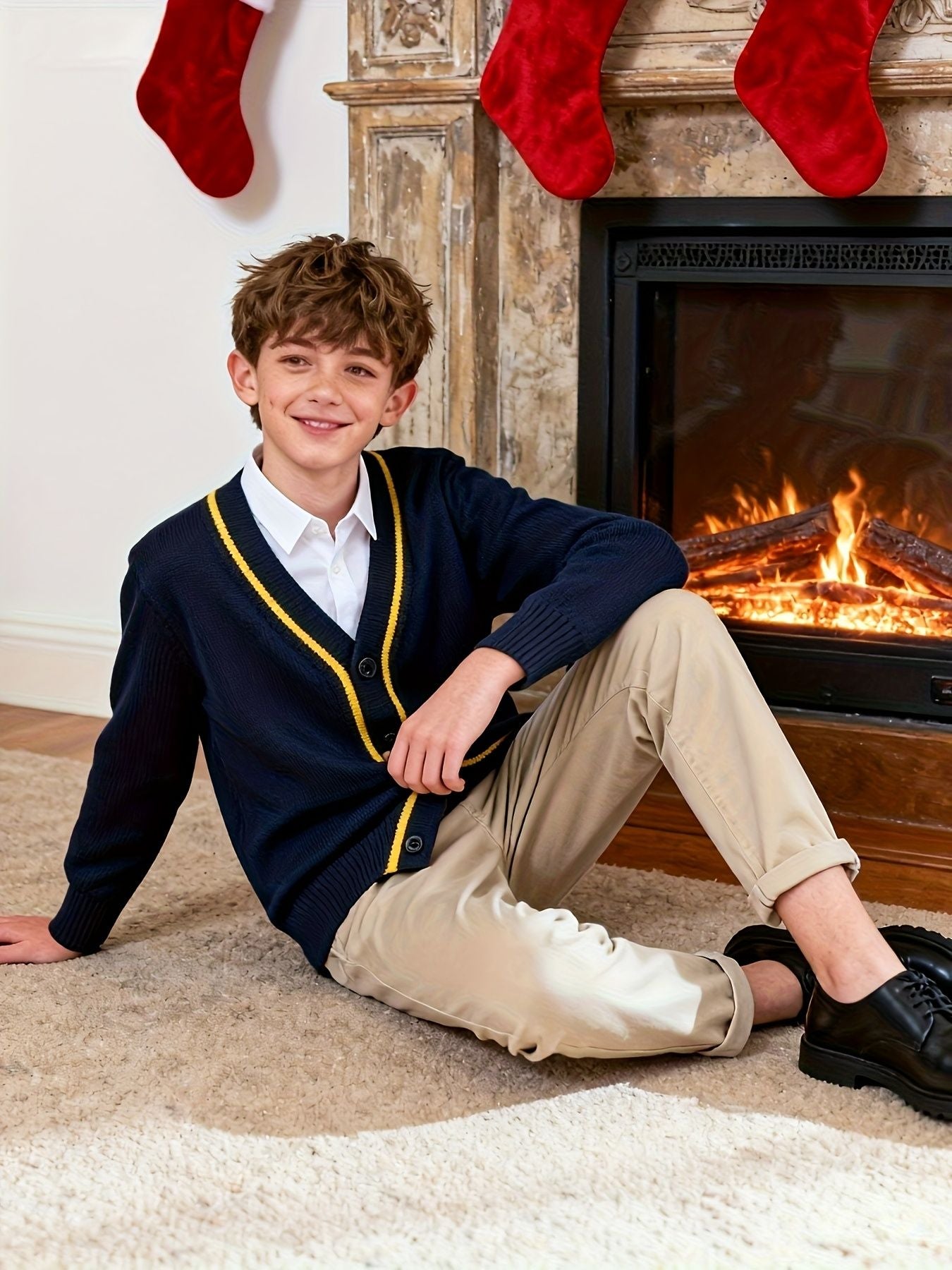 KS0007-NAVY 100% Cotton Kids V-Neck Long sleeve Button Cardigan, Boys and Girls School Uniform Knitwear, Navy Blue, Size 130