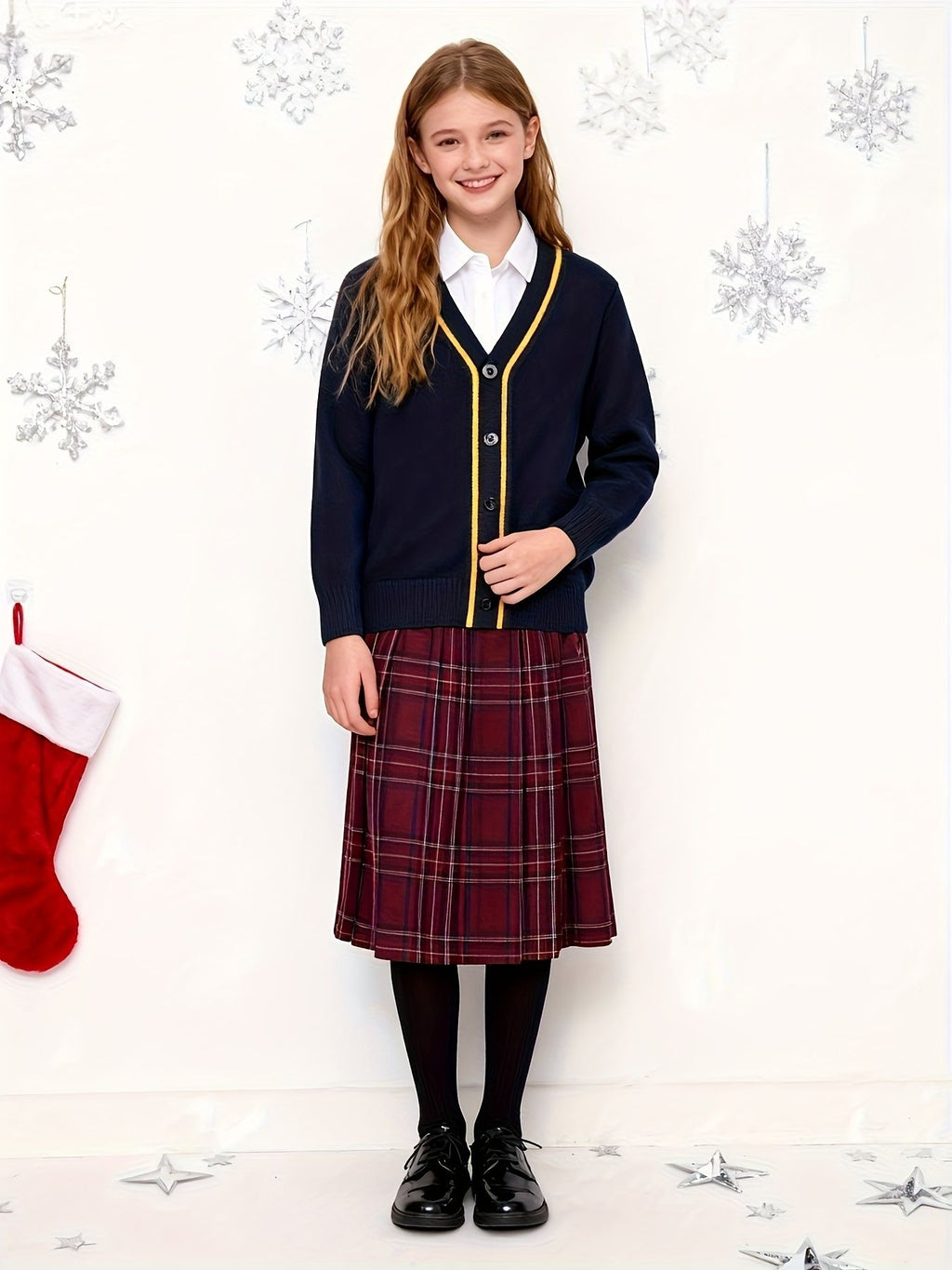 KS0007-NAVY 100% Cotton Kids V-Neck Long sleeve Button Cardigan, Boys and Girls School Uniform Knitwear, Navy Blue, Size 165