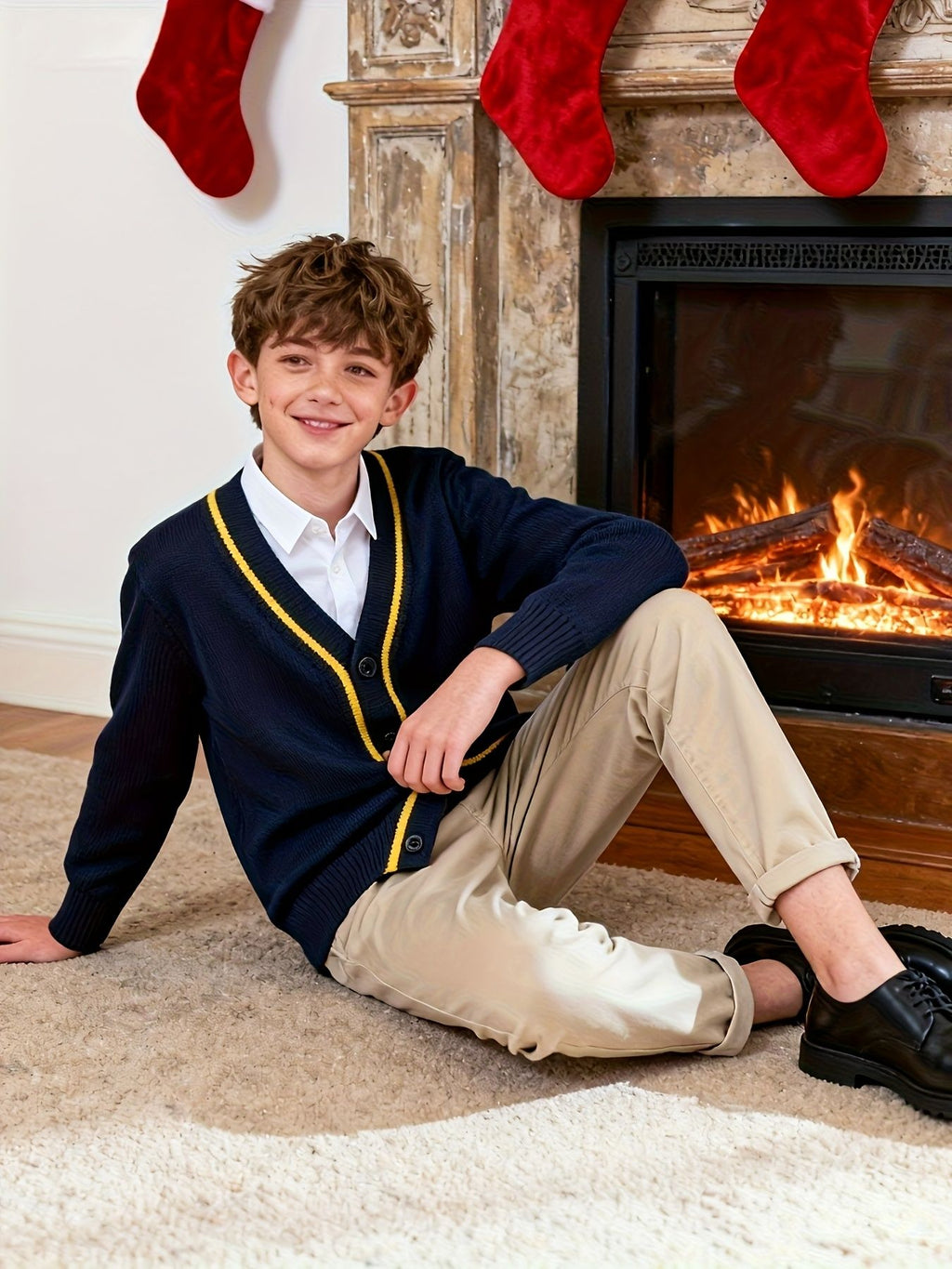 KS0007-NAVY 100% Cotton Kids V-Neck Long sleeve Button Cardigan, Boys and Girls School Uniform Knitwear, Navy Blue, Size 165