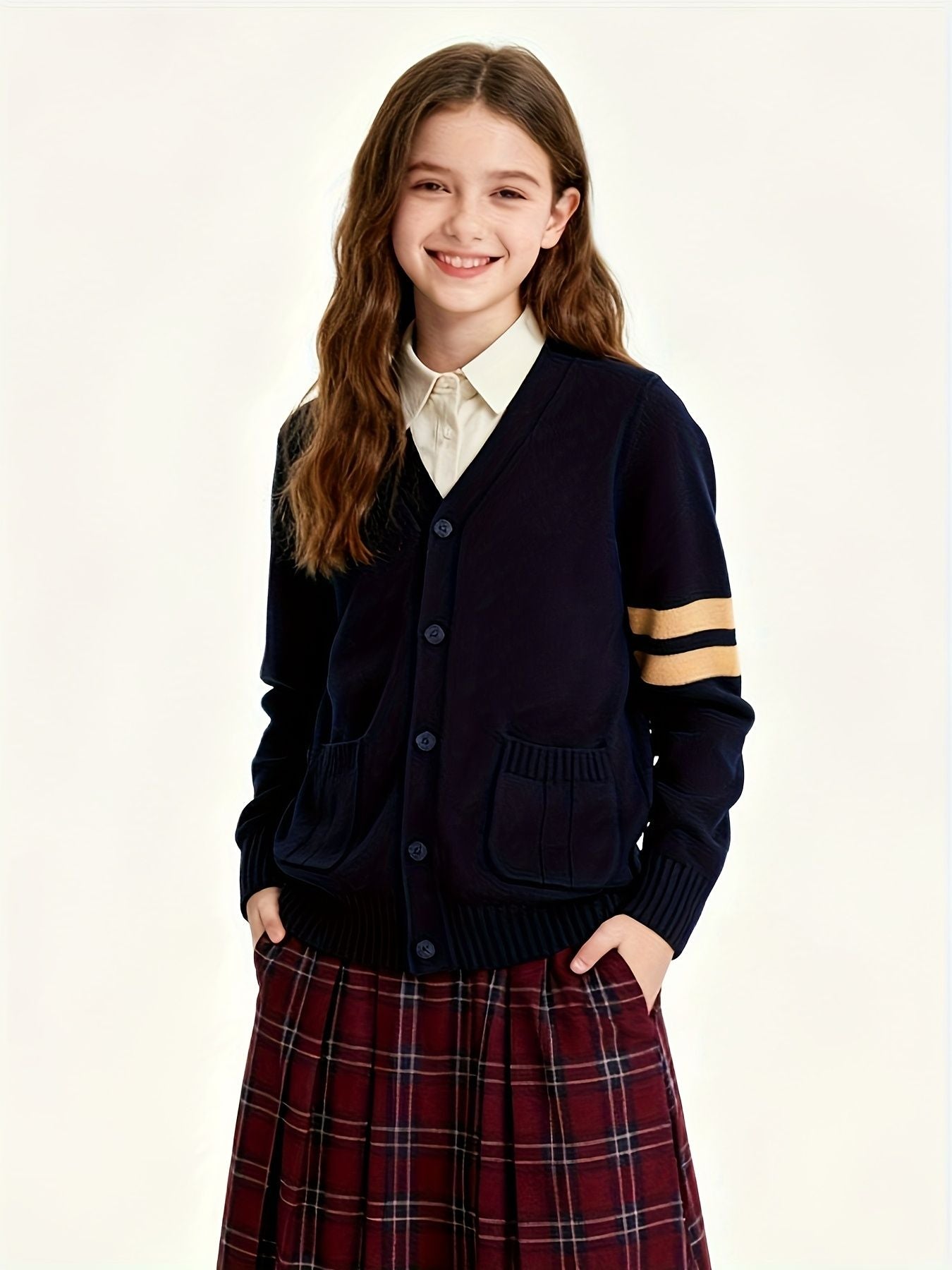 KS0015-NAVY 100% Cotton Kids V-Neck Long sleeve Button Cardigan, Boys and Girls School Uniform Knitwear, Navy Blue, Size 120