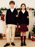 KS0015-NAVY 100% Cotton Kids V-Neck Long sleeve Button Cardigan, Boys and Girls School Uniform Knitwear, Navy Blue, Size 130