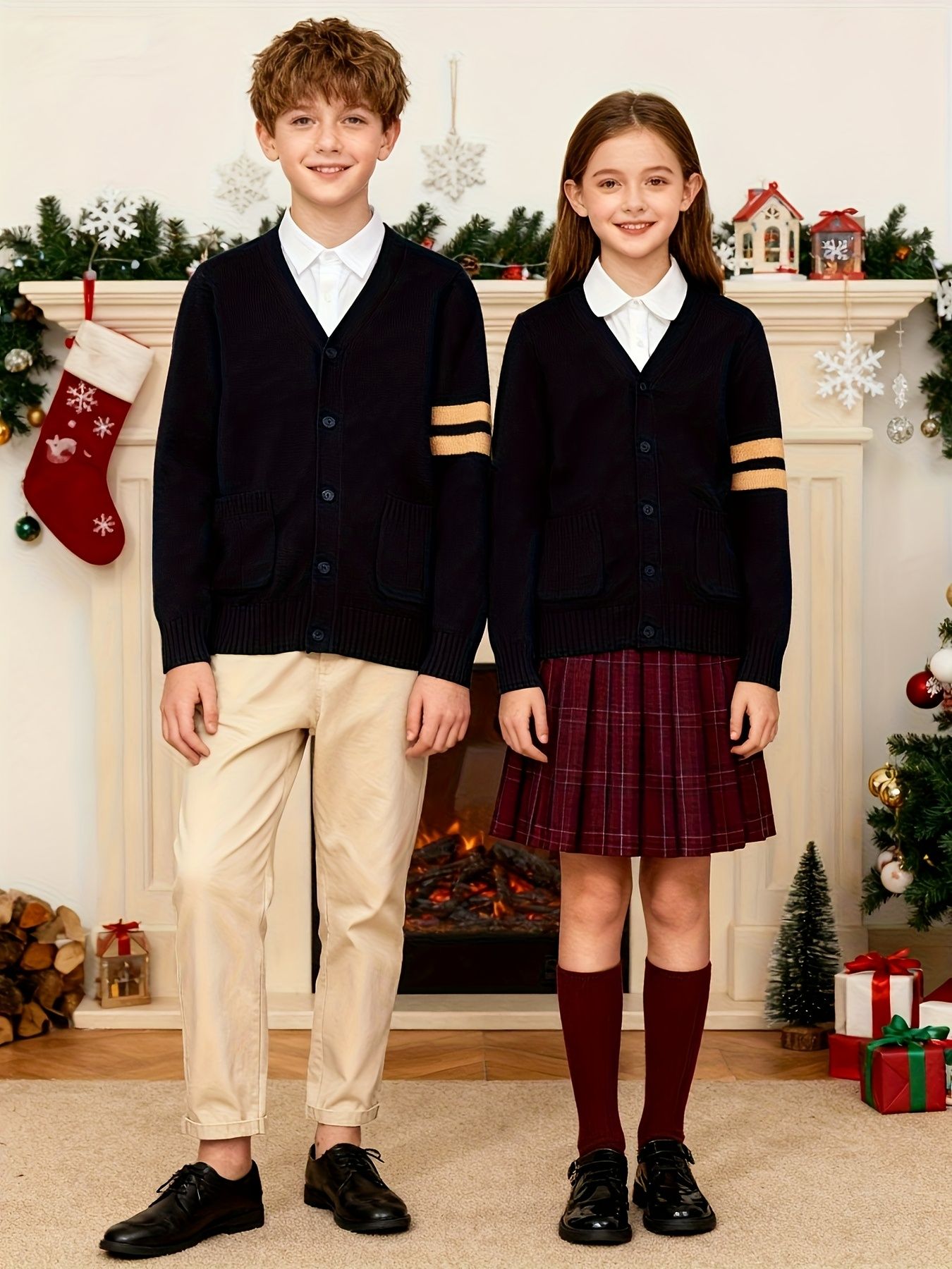KS0015-NAVY 100% Cotton Kids V-Neck Long sleeve Button Cardigan, Boys and Girls School Uniform Knitwear, Navy Blue, Size 165